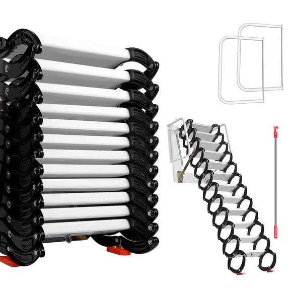 Foldable Folding Staircase, 12 Pedals Black & White Splicing Attic Ladder with Pull Down System & Fixed Handrail for Loft