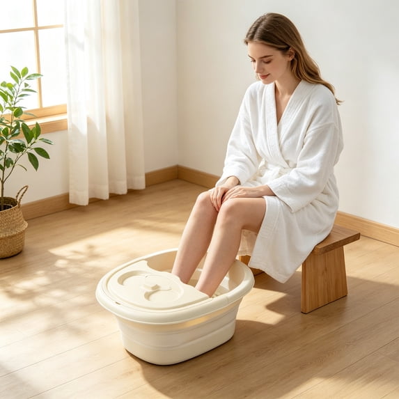 Foldable Foot Bath Bucket With Lid and Handle, Portable Plastic Spa Basin with Massage Acupoints, Storage Compartment, Space-Saving Multi-Use Design