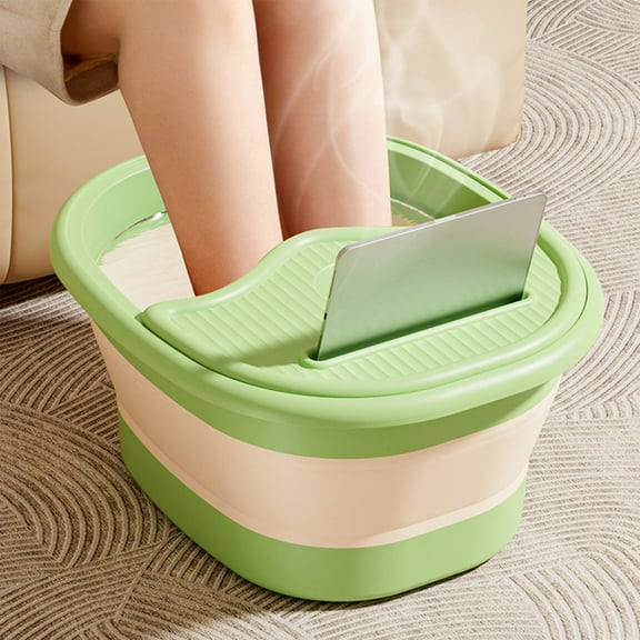 Foldable Foot Bath Bucket with Lid, Handle, Massage Acupoints, Portable Plastic Spa Basin, 15L, 40x34x20cm, Green/Gray/Orange