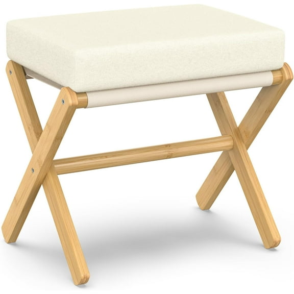 Foldable Foot Stool Ottoman, Modern Foot Rest with Bamboo X Legs & Thick Foam Cushion, Folding Foot Stools Small Padded for Bedroom Living Room, Makeup Vanity Stool Chair (Natural - Beige)
