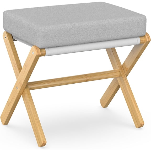 Foldable Foot Stool Ottoman with Bamboo X Legs, Thick Foam Cushion, Small Padded Footrest for Bedroom Living Room Couch Chair, Grey