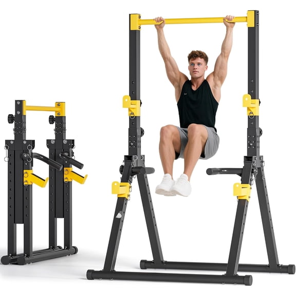 Foldable Free Standing Power Tower Pull Up Dip Station, Adjustable Height Heavy Duty Steel Workout Stand with Triangle Base, Multifunctional Home Gym Strength Training Equipment