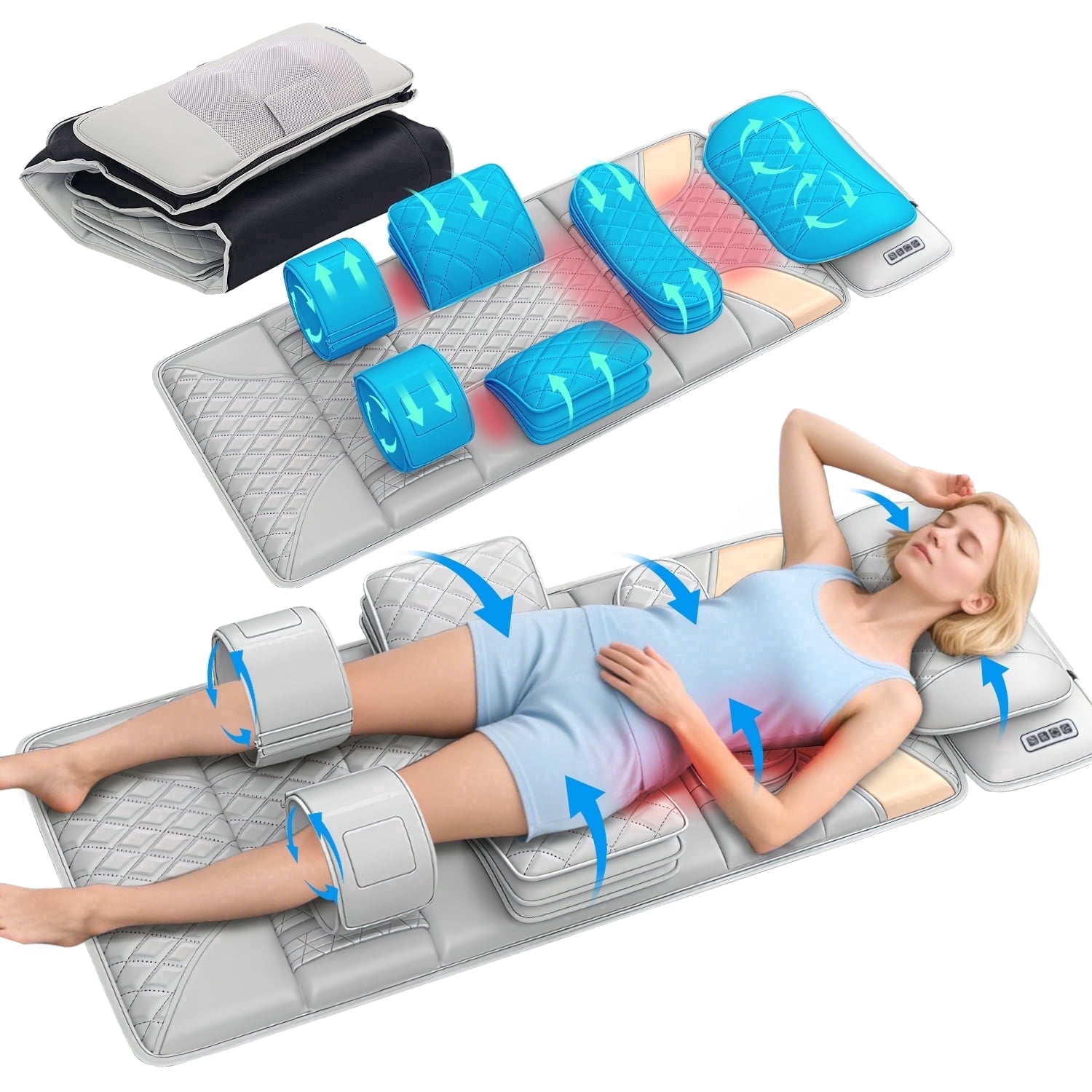 Foldable Full Body Massage Mat with Heat & Timer & Remote & Airbag, 4 Zone Shiatsu Vibration Massage Pad with Removable Neck Pillow for Home & Office