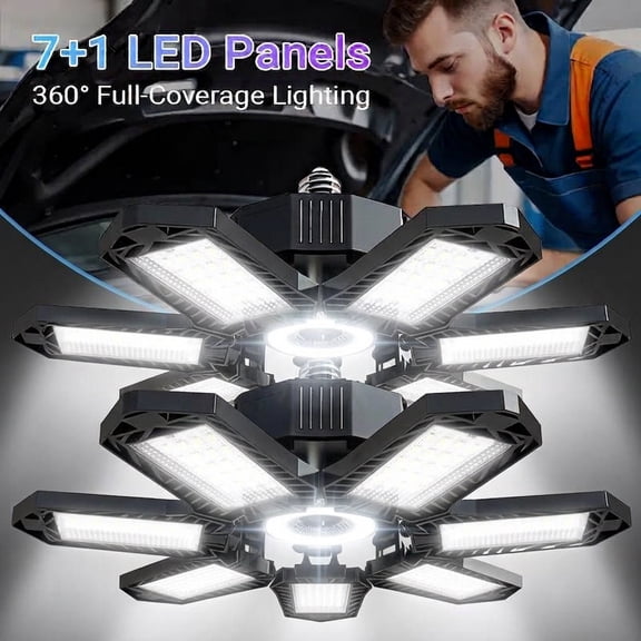 Foldable Garage Light Deformable Bright Shop Ceiling Bulb Lamps Barn Warehouse Garage Lighting Foldable 7+1 Panel Work Light Easy Installation, 2 Pack