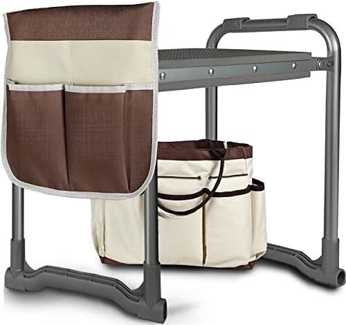 Foldable Garden Kneeler Seat Heavy Duty [Upgraded Widened Thick Kneeling Pad] Garden Stool with Large Garden Tool Bags with Pockets - Portable Garden Bench Gardening Gifts for Parents K3-Brown