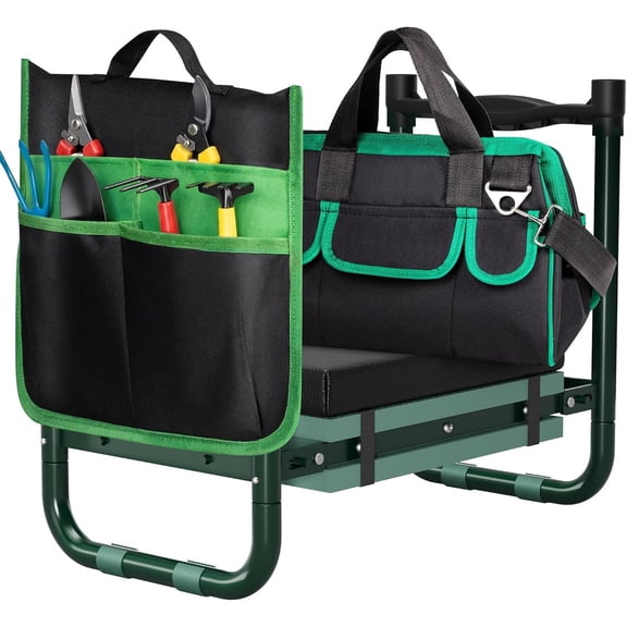 Foldable Garden Kneeler and Seat with - Tool Bag & Removable Tool Pouch, Heavy Duty Garden Stool with Soft Leather Kneeling Pad, No Assembly, Ideal Gardening for Women & Men