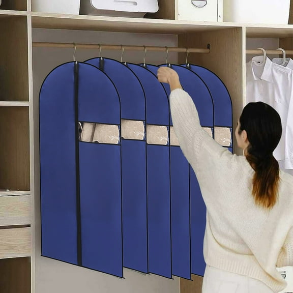 Foldable Garment Bag for Suits and Travel, Polyester, Transparent Window, Storage and Dust Cover for Closets, Coats, and Jackets, Blue, by FAJHHA