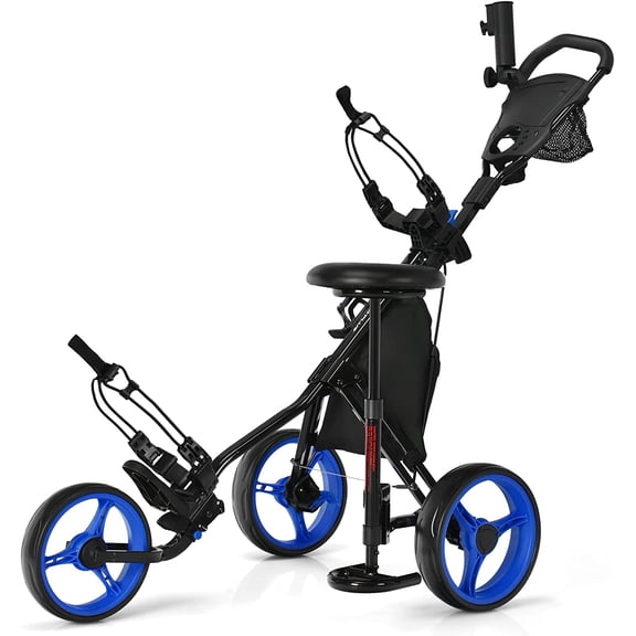 Foldable Golf Push Cart, Navy Blue, Sturdy Steel Frame, Adjustable Handle, Ball Bearing Wheels, Foot Brake, Waterproof Storage Bag