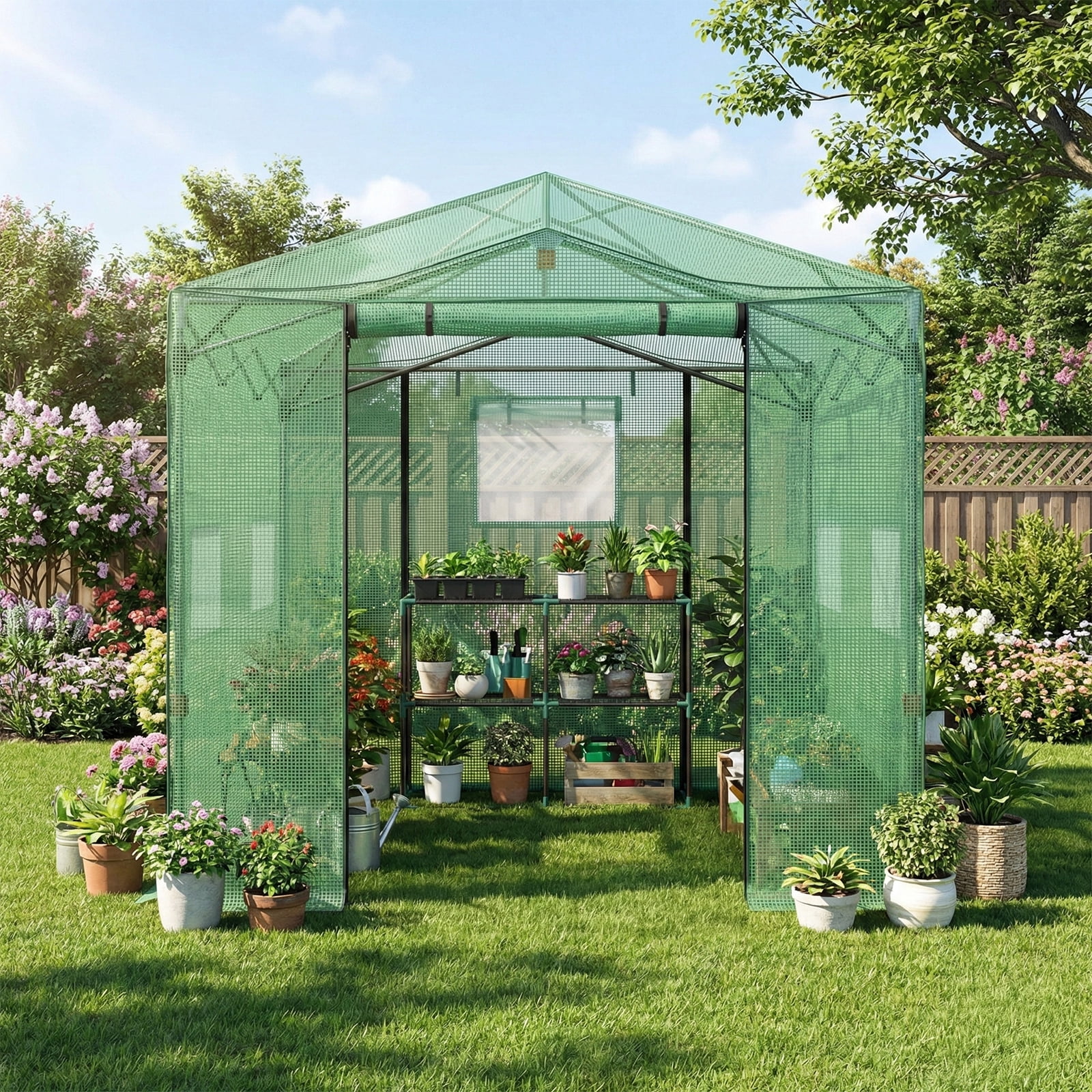 Foldable Greenhouse Shed, 8*12ft Plastic Sprayed Iron Pipe PE Mesh, Green