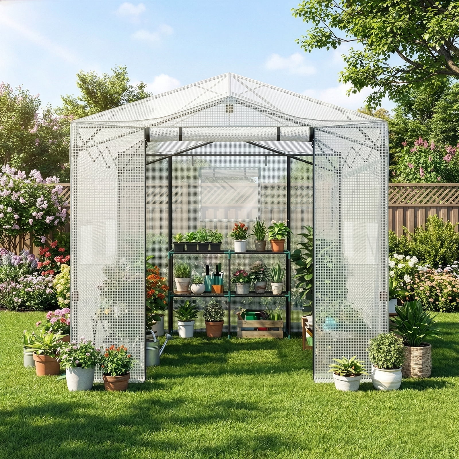 Foldable Greenhouse Shed, 8*12ft Plastic Sprayed Iron Pipe PE Mesh, White