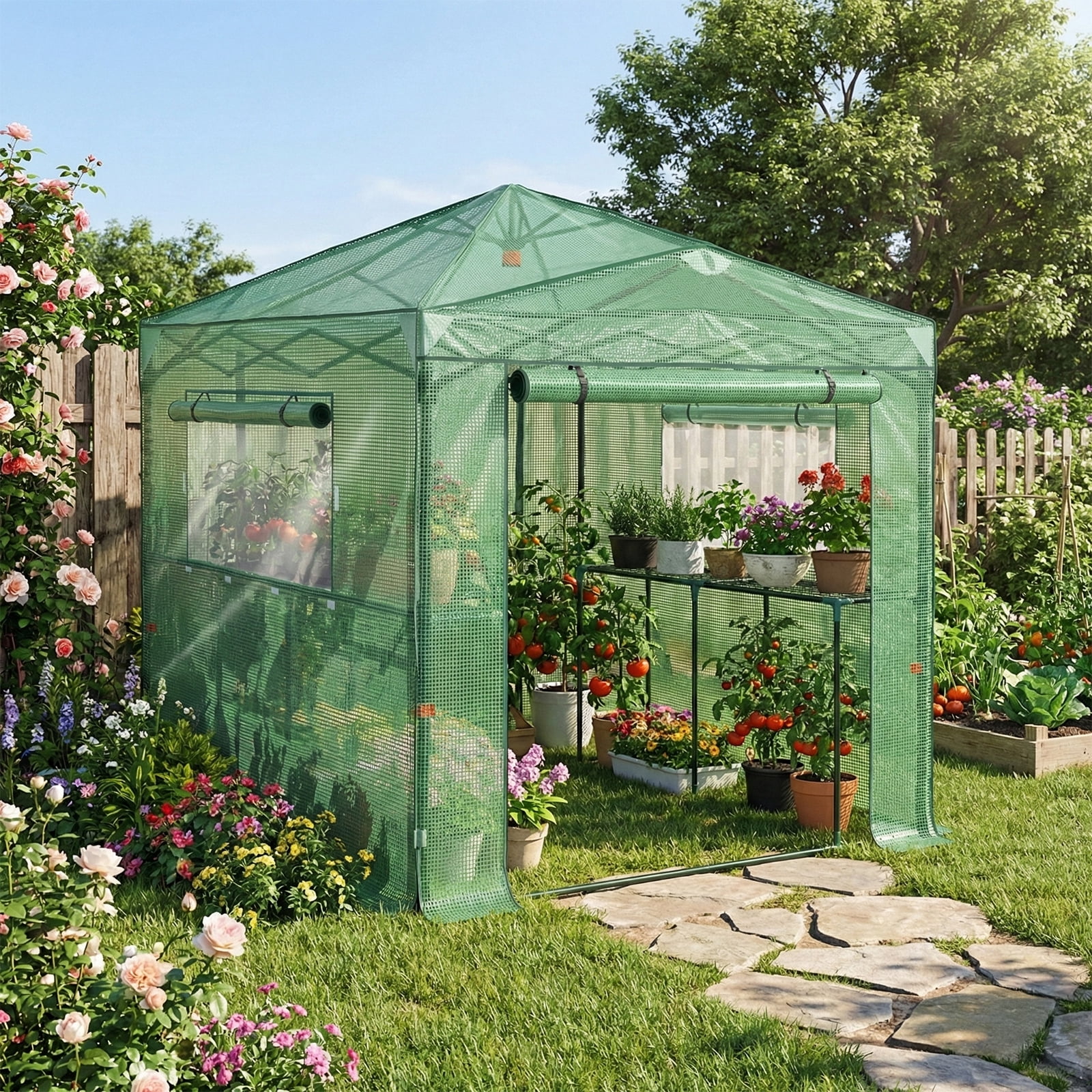 Foldable Greenhouse Shed, 8*6ft Plastic Sprayed Iron Pipe PE Mesh, Green