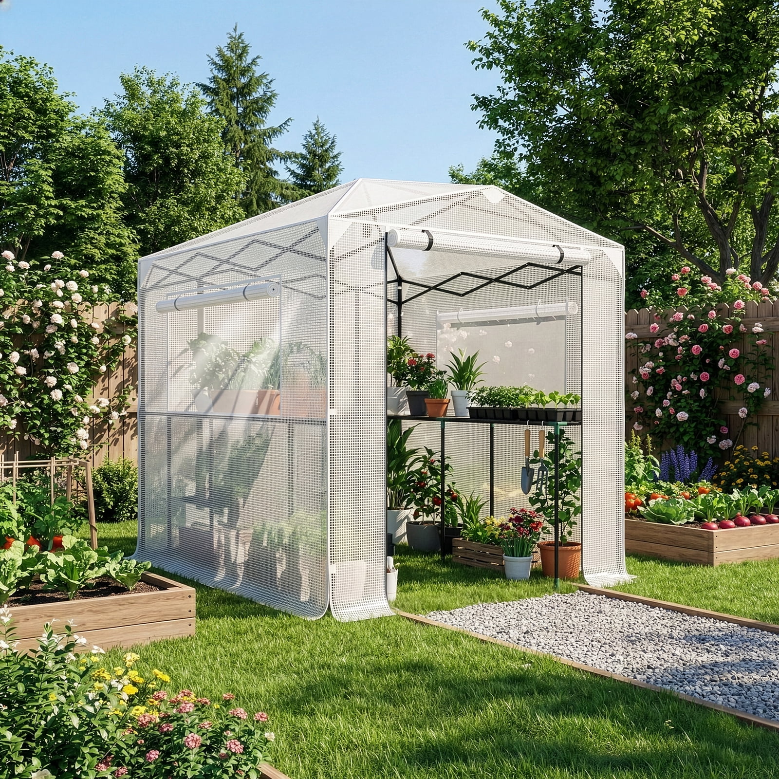 Foldable Greenhouse Shed, 8*6ft Plastic Sprayed Iron Pipe PE Mesh, White