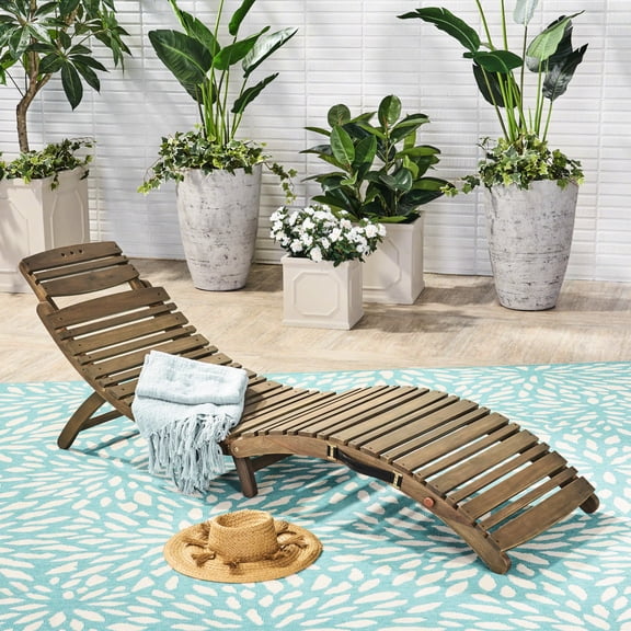Foldable Grey Wood Lounge Chair For Backyard - Comfortable Seating No Assembly Chaise In 20.79”d X 24.00”h,