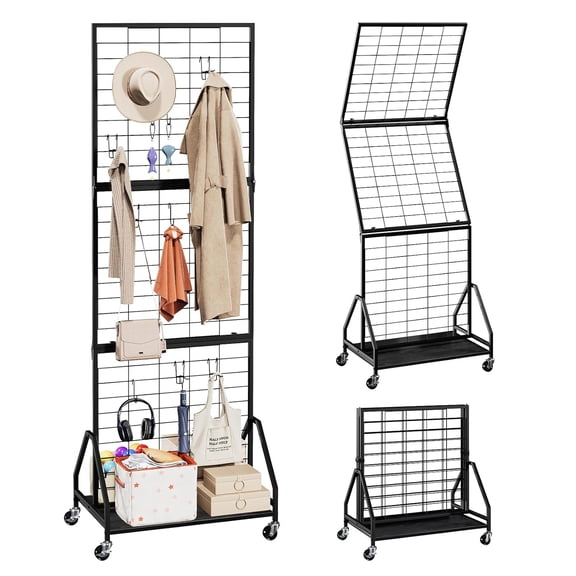 Foldable Grid Wall Panels 5.7' x 2' FT, Movable Wire Gridwall Display Rack with Wheels and Adjustable Foots, Retail Display Stand for Vendor with Storage (Black)