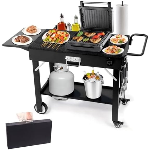 Foldable Grill Cart for Blackstone Griddle, Portable Outdoor Griddle Stand for 17" & 22" Blackstone, Ninja Woodfire & Pizza Oven, Mobile BBQ Prep Table with Side Shelf & Storage$$Garden & Patio