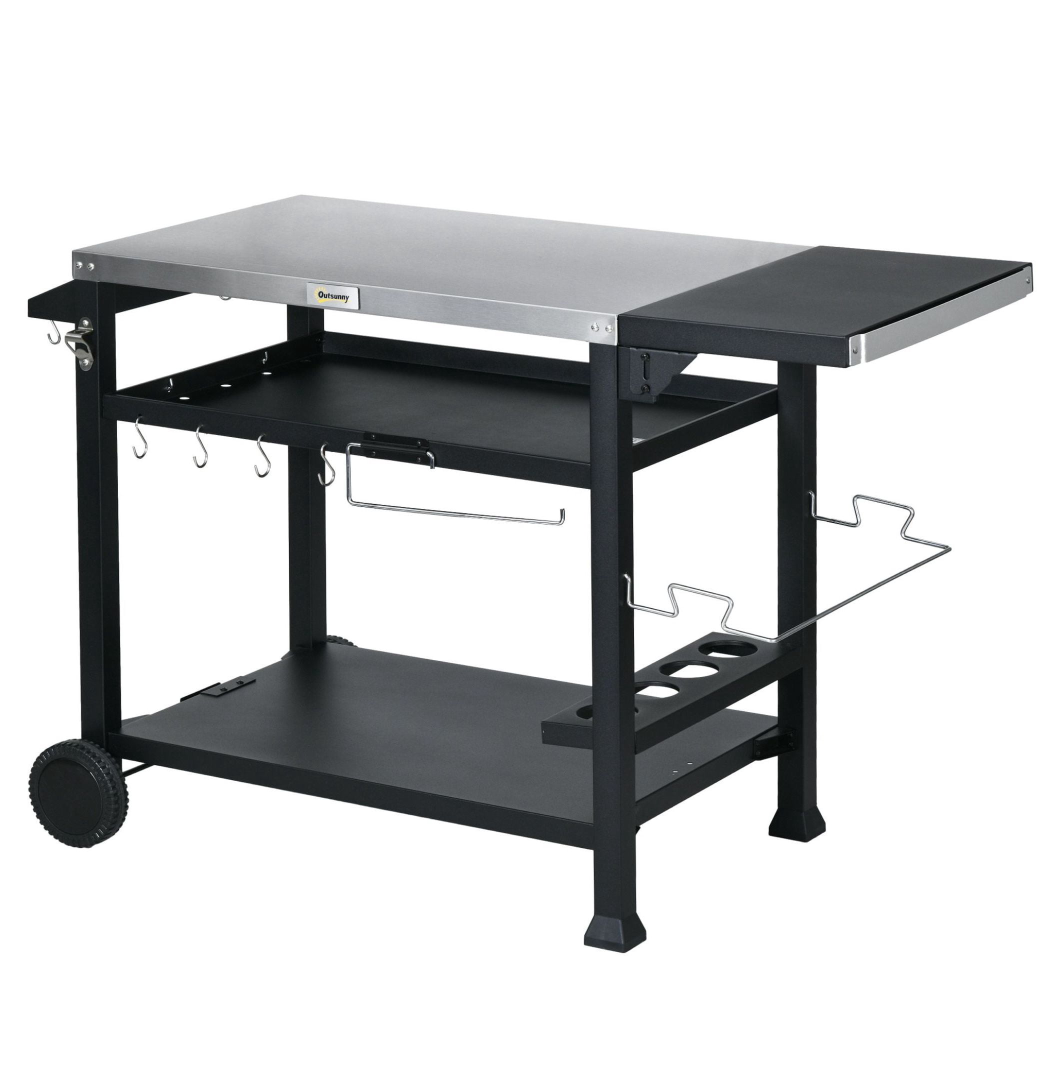 Foldable Grill Cart Table - Outdoor Kitchen Island on Wheels for BBQ & Pizza Oven - Black, 3-Shelf Expandable Prep Station