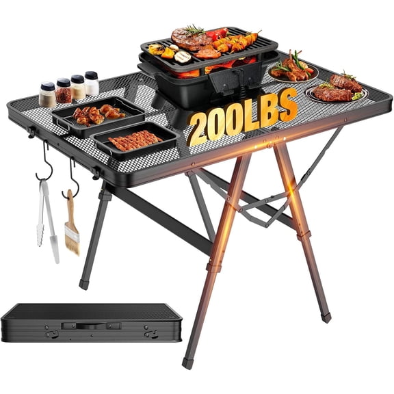 Foldable Grill Table with Mesh Desktop Height Adjustable Metal Table 35.4 L x 23.6 W x 14.2 18.9 24.4 H Inches 200 Lb Capacity