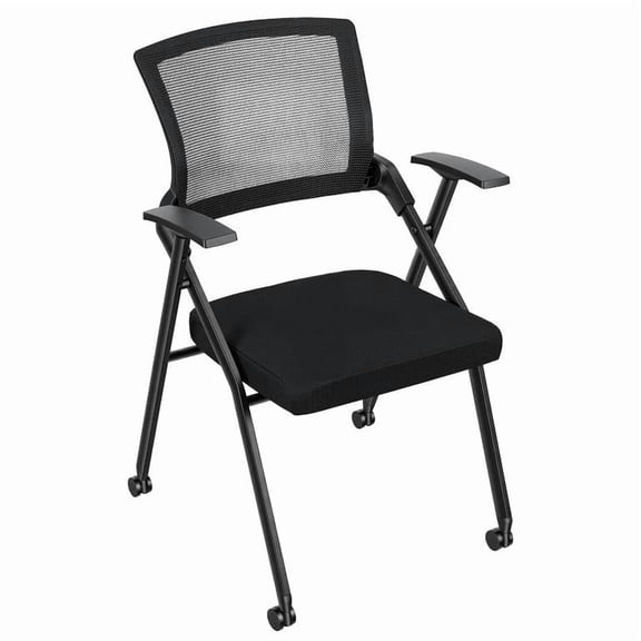 Foldable Guest Chair with Mesh Back, Height Adjustable Seat 15-20 Inch, 300lb Load, PU Casters Smooth Rolling, Stackable Space-Saving, for Office Classroom, 14 x 17 x 35 Inch