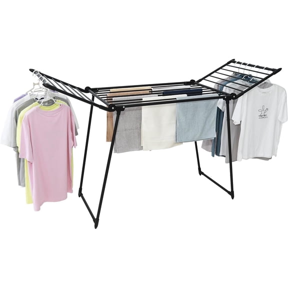 Foldable Gullwing Design Clothes Drying Rack with Sock Clips, Metal Laundry Airer, Black