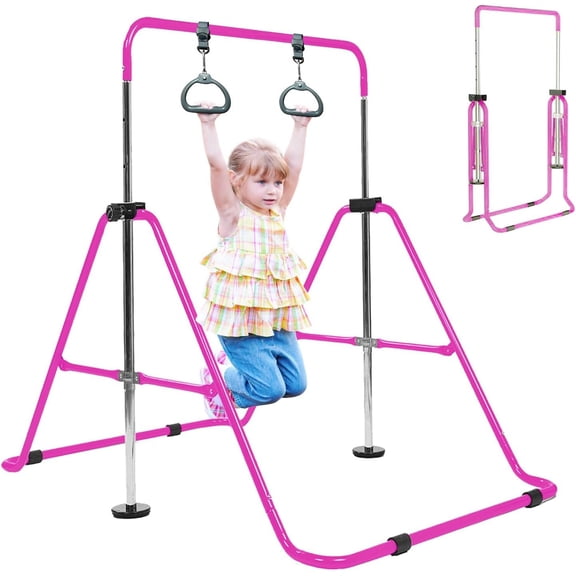 Foldable Gymnastics Bar with Rings, Adjustable Collapsible Horizontal Equipment Set for Indoor Outdoor Use Gym in Blue