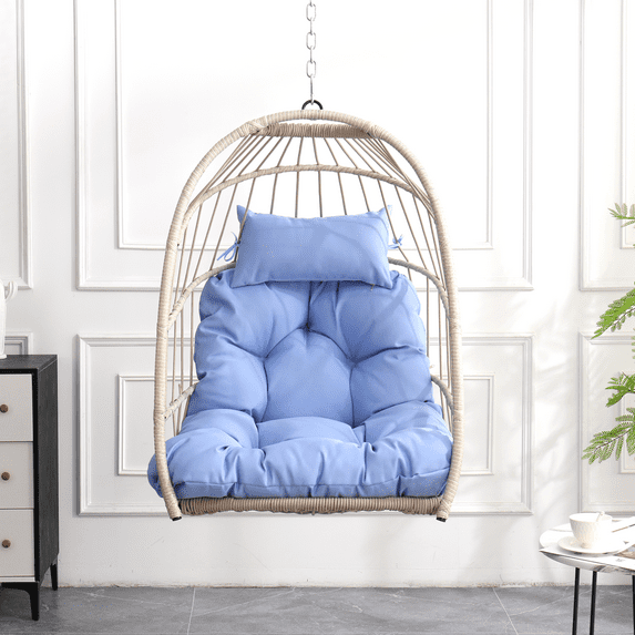 Foldable HDPE Rattan Egg Swing Chair, 270lbs Weight Capacity Outdoor Hanging Chair with Removable Cushions, Patio Cocoon Seat, for Backyard, Patio, Garden, Deck, Blue