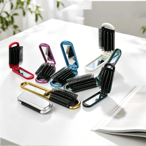 Foldable Hair Brush Set with Mirror, Portable Travel Hairbrush for Men Women, 8 Pcs