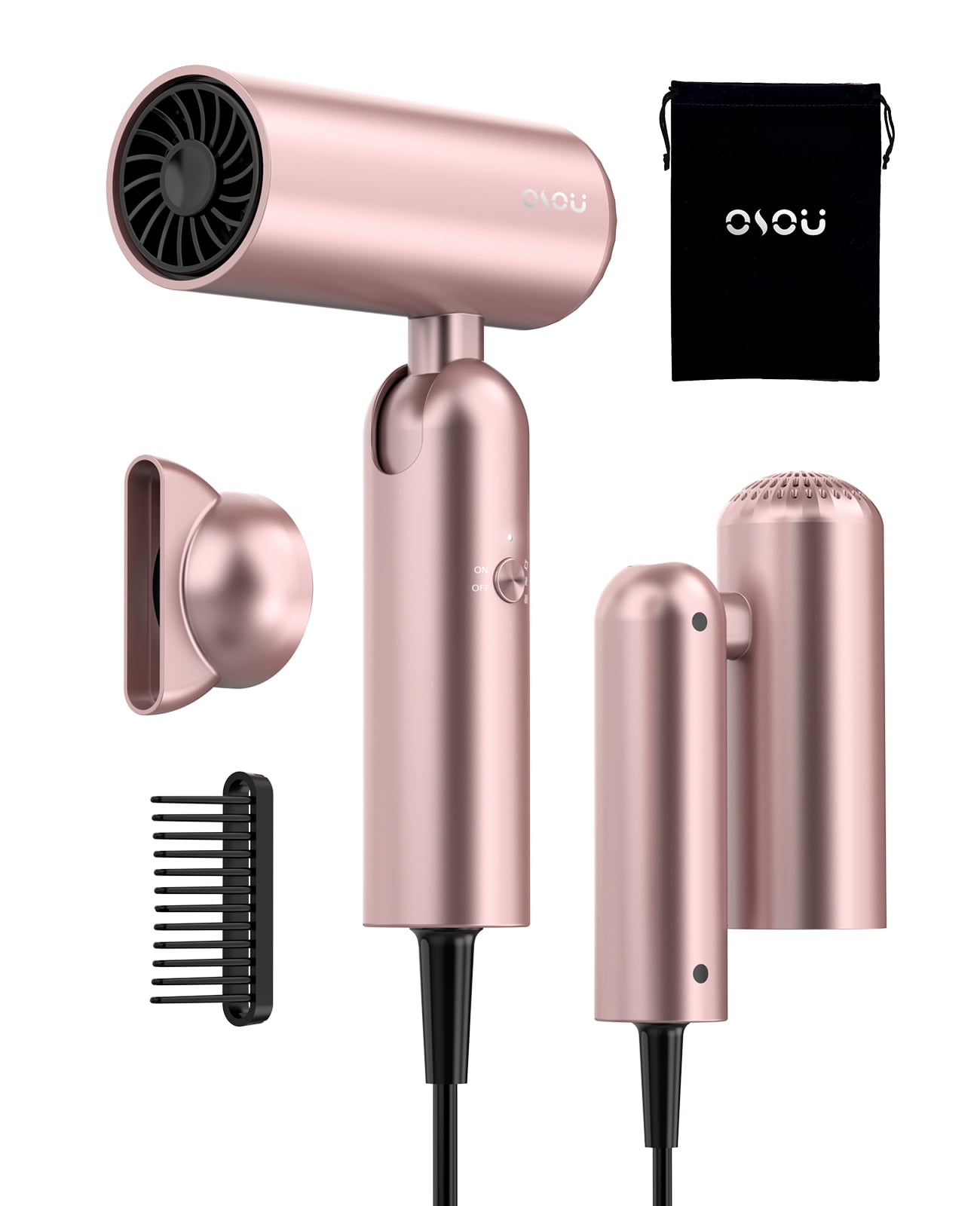 Foldable Hair Dryer with Auto-Sense Global Voltage, High Speed Professional Plasma Salon Blow Dryer with Nozzle & Comb, Portable Travel Hair Drier with Storage Bag, Perfect Gift, Rose Gold