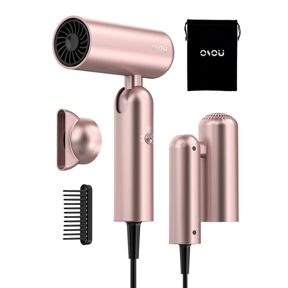 Foldable Hair Dryer with Auto-Sense Global Voltage, High Speed Professional Plasma Salon Blow Dryer with Nozzle & Comb, Portable Travel Hair Drier with Storage Bag, Perfect Gift, Rose Gold