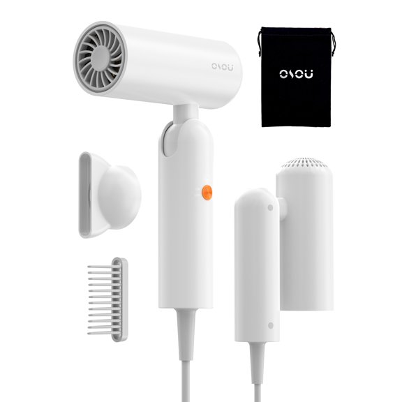 Foldable Hair Dryer with Auto-Sense Global Voltage, High Speed Professional Plasma Salon Blow Dryer with Nozzle & Comb, Portable Travel Hair Drier with Storage Bag, Perfect Gift, Milky White