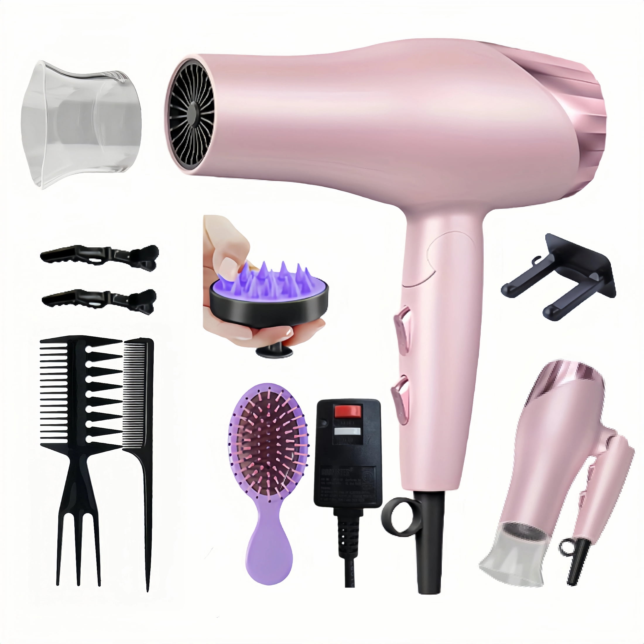 Foldable Hair Dryer with 8 Accessories ，Compact Design for Home and Travel |,Fast Drying Gift Set for Women/Men,Pink