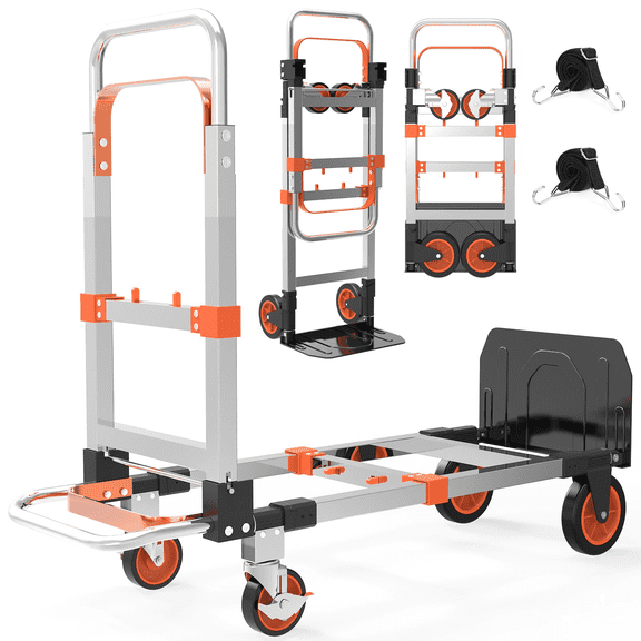 Foldable Hand Truck, 3-in-1 Aluminum Collapsible Dolly Cart with 4 Rubber Wheels and Retractable Handle, Portable Moving Dolly, Orange