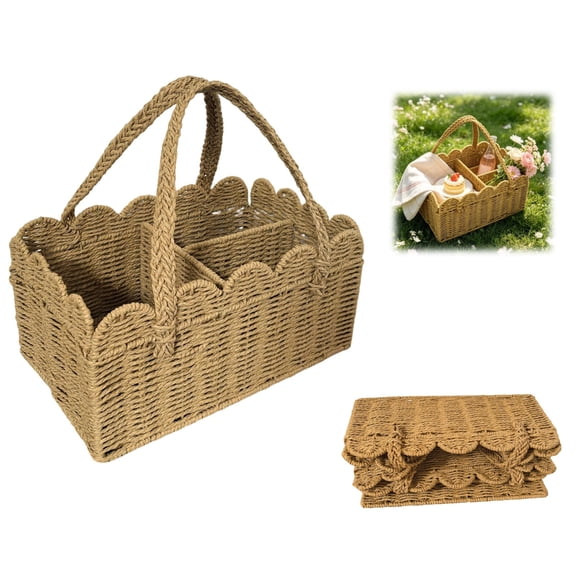 Foldable Hand-Woven Paper Storage Basket with Scalloped Rim, Handles - Multipurpose Organizer(A 1PCS)