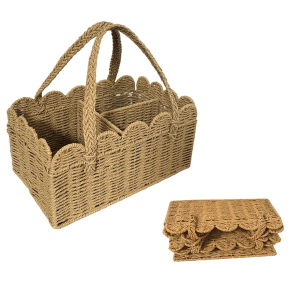 Foldable Hand-Woven Paper Storage Basket with Scalloped Rim, Handles - Multipurpose Organizer(A 1PCS)