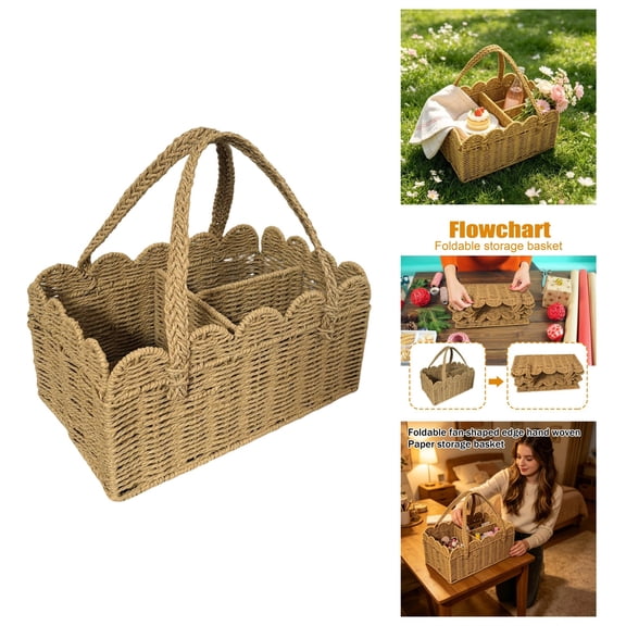 Foldable Hand-Woven Paper Storage Basket with Scalloped Rim, Handles - Multipurpose Organizer(A 1PCS)