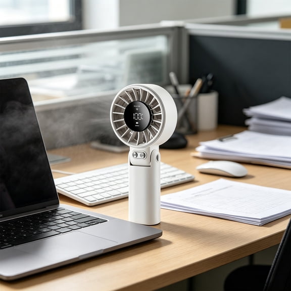 Foldable Handheld Fan with LED Digital Display, Portable USB Rechargeable Turbine Personal Fan, 2-in-1 Compact Quiet Small Desktop Fan for Travel, Commuting, Home Office & Outdoor, Black