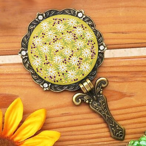 Foldable Handheld Mirror Embroidery Starter Kit including Plastic Embroidery Frame Cloth Iron Needle Cotton Threads Brass Mirror Aluminum Findings