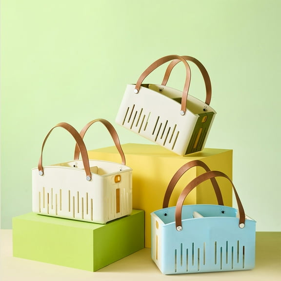 Foldable Handle Storage Basket | Portable Hollow Quick Dry Organizer | Large Partition Compartments | Non-Slip Ergonomic Grip | Wall Mount | 28x18x16.5cm | White Blue Green