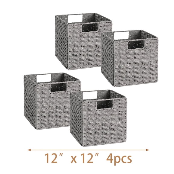 Foldable Handwoven Water Hyacinth Storage Baskets - Rectangular Wicker Cube Totes for Bedroom Living Room Nursery Shelves Pantry Laundry Organizing