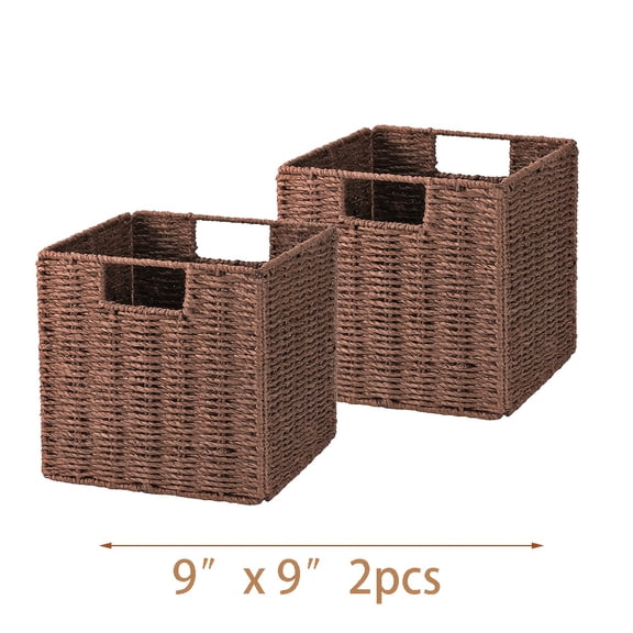 Foldable Handwoven Water Hyacinth Storage Baskets - Rectangular Wicker Cube Totes for Bedroom Living Room Nursery Shelves Pantry Laundry Organizing