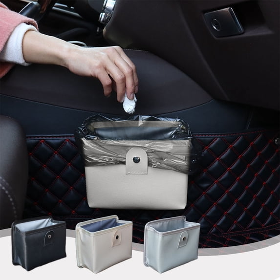 Foldable Hanging Car Trash Can Storage Bag, Leather Door Pocket Organizer for Small Items, Easy-Clean Space-Saving Car Garbage Bin