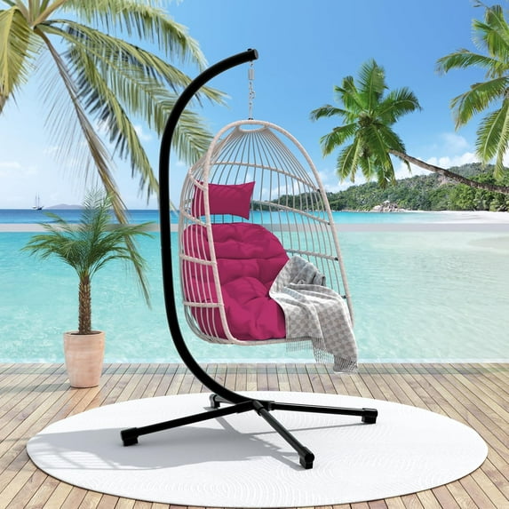 Foldable Hanging Egg Chair with Stand, HDPE Rattan and Heavy Duty Aluminum-Steel Frame, Outdoor Patio Wicker Swing Egg Chair with Headrest and Cushioned, 350 Lbs Capacity (Purplish Red)