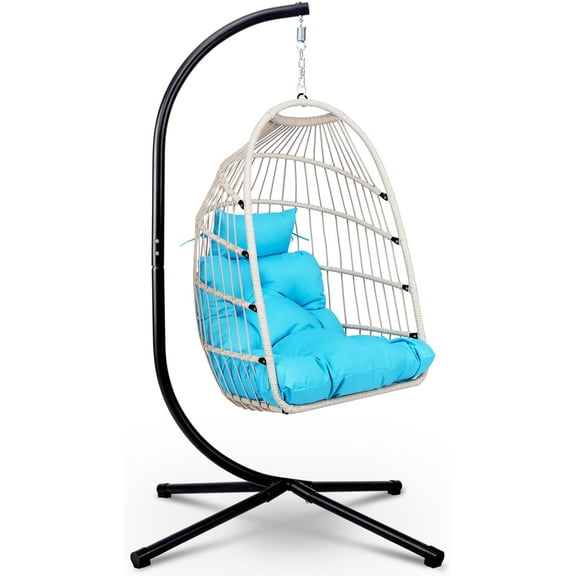 Foldable Hanging Egg Chair with Stand, HDPE Rattan and Heavy Duty Aluminum-Steel Frame, Outdoor Patio Wicker Swing Egg Chair with Headrest and Cushioned, 350 Lbs Capacity (Blue)