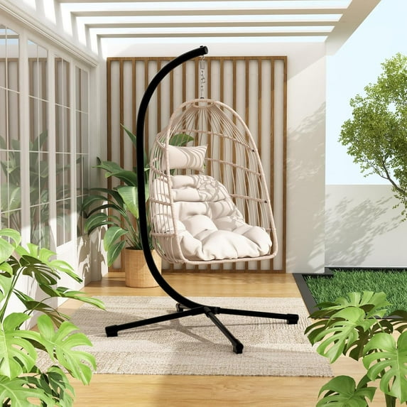 Foldable Hanging Egg Chair with Stand, HDPE Rattan and Heavy Duty Aluminum-Steel Frame, Outdoor Patio Wicker Swing Egg Chair with Headrest and Cushioned, 350 Lbs Capacity (Beige)