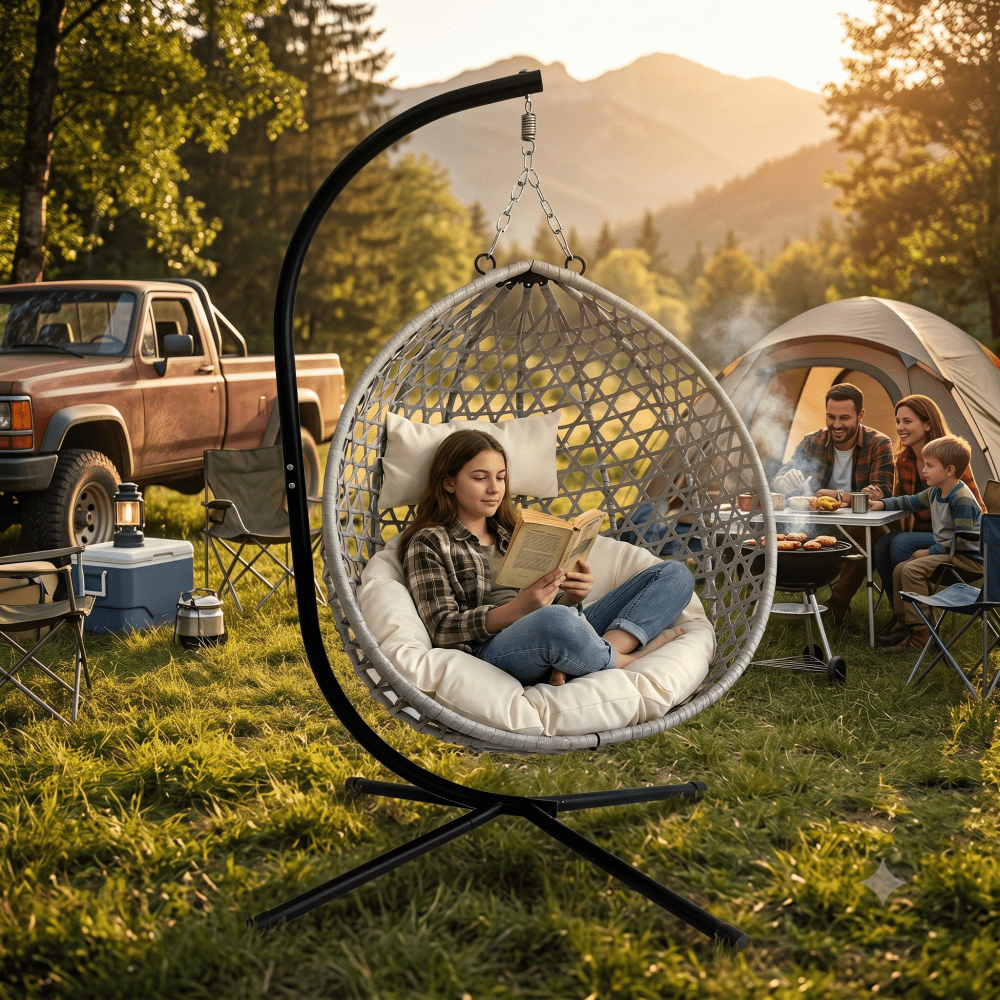 Foldable Hanging Egg Chair with Stand, HDPE Rattan Wicker Swing Chair with Cushion, 350 LBS Anti-Rust Steel Frame Indoor Bedroom Balcony Patio Garden Lounge Chair