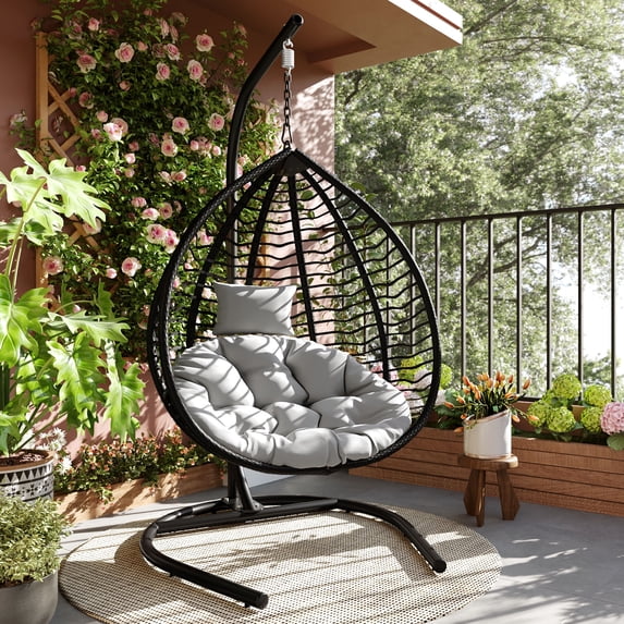 Foldable Hanging Hammock Chair with Stand - Egg Swing Chair, Rattan Wicker with Iron Frame, Plush Cushion & Removable Headrest for Porch, Garden, Balcony, Patio, Indoor/Outdoor