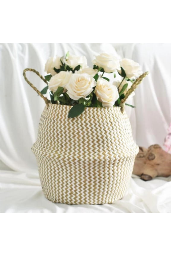 Foldable Hanging Handmade Storage Basket,Wicker Grass Weaving Basket,Seagrass Belly Home Garden Flower Pot Planter Laundry Basket