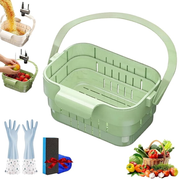 Foldable Hanging Kitchen Sink Drain Basket, 2-in-1 Expandable Sink Colander with Anti-Clog Filter for Food Washing, Draining and Sink Organization (Green)