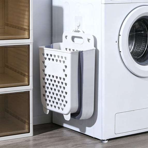 Foldable Hanging Laundry Basket Wall Mounted - White Plastic Dirty Clothes Hamper with Hooks Collapsible Storage for Bathroom Bedroom 2 Sizes