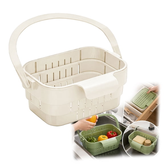 Foldable Hanging Sink Drain Basket, Foldable Kitchen Drain Basket with Flip Cover, Space-Saving Fruit Vegetable Strainer & Utensil Holder(White)