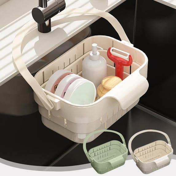 Foldable Hanging Sink Drain Basket Stretchable Kitchen Colander with Flip Cover Space Saving Food Strainer, Multi-functional Faucet Storage Rack Draining for Fruits Vegetables Utensils(White)
